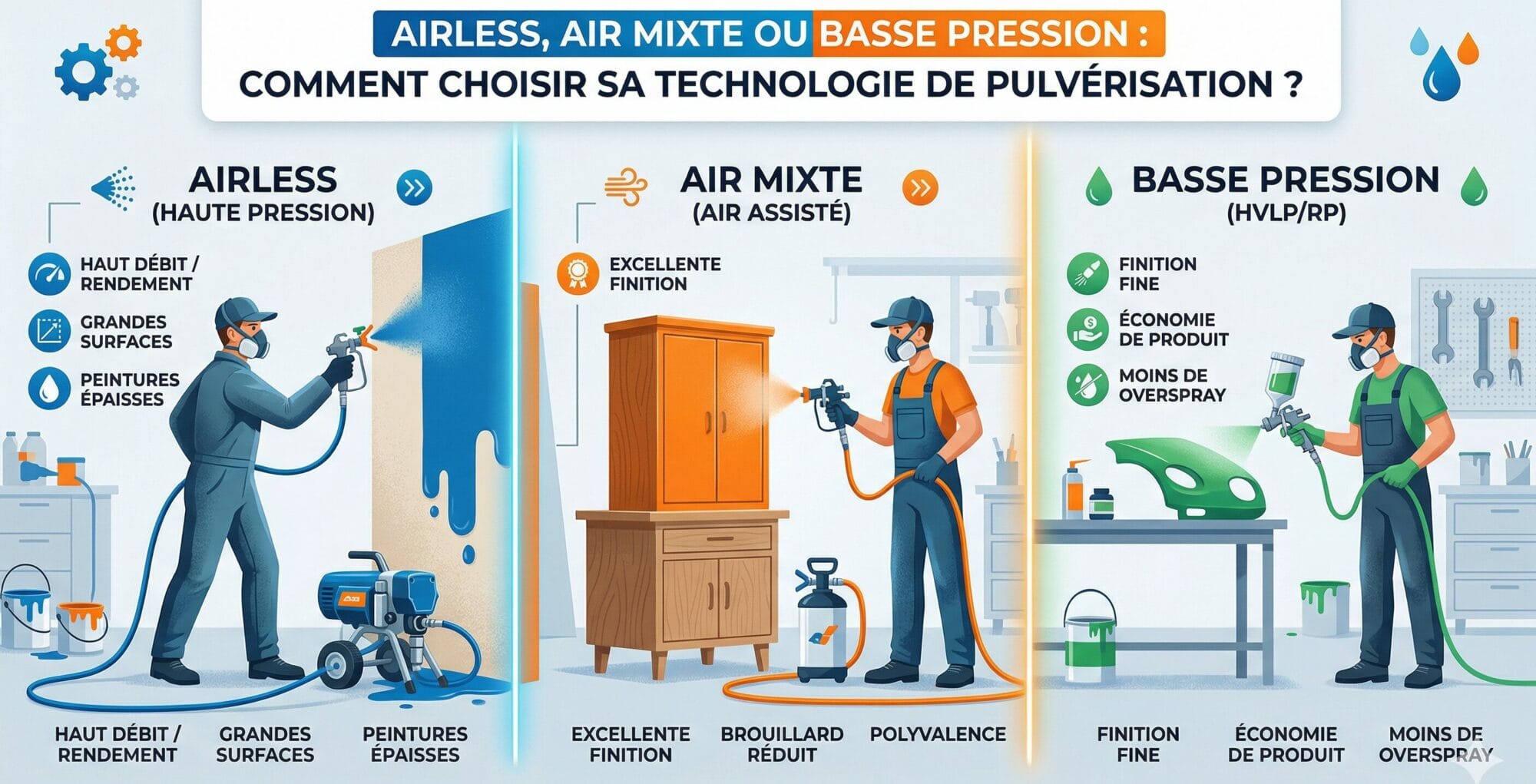 Comparaison des technologies de pulvérisation : airless, air mixte et basse pression